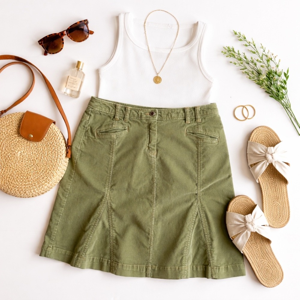 David Paul Corduroy Mini‎ Skirt Olive Green Paneled A-Line Size 10